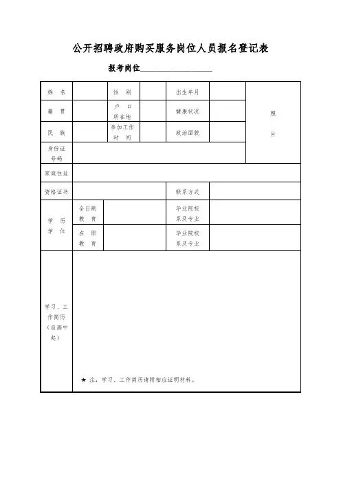 公开招聘政府购买服务岗位人员报名登记表
