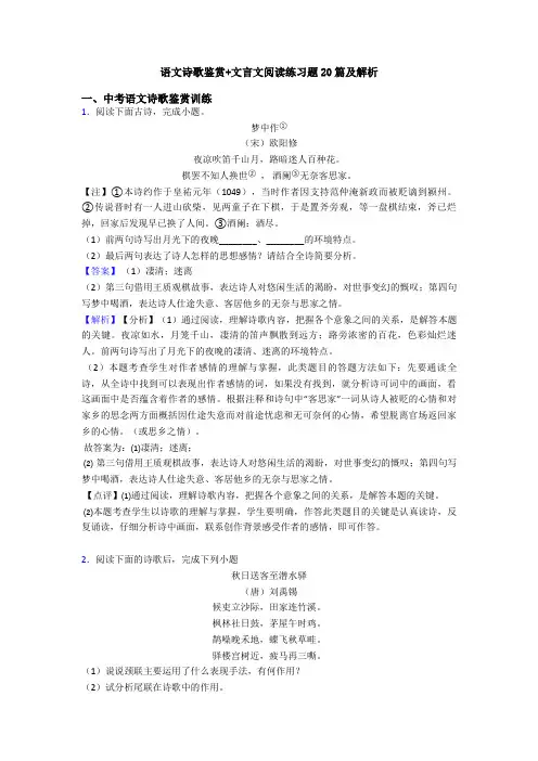 语文诗歌鉴赏+文言文阅读练习题20篇及解析