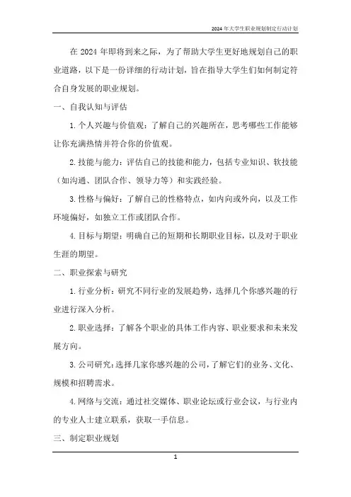 2024年大学生职业规划制定行动计划