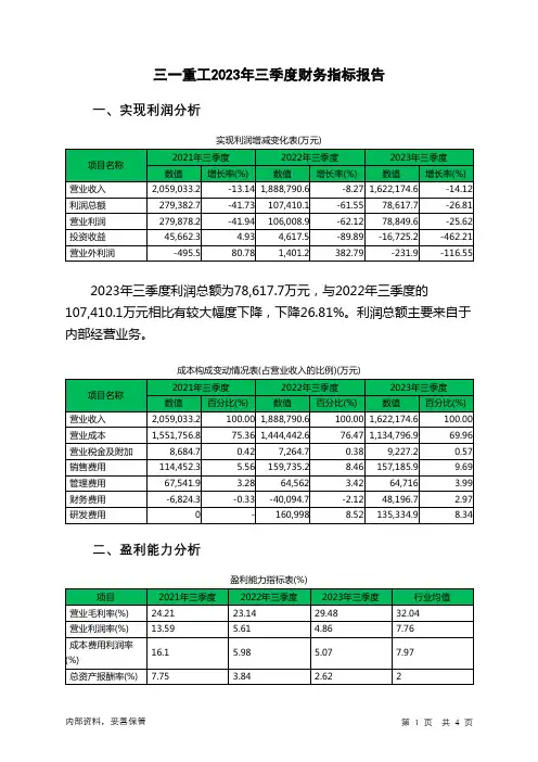600031三一重工2023年三季度财务指标报告