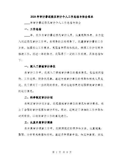 2024年审计署巡察及审计个人工作总结与体会范本(三篇)