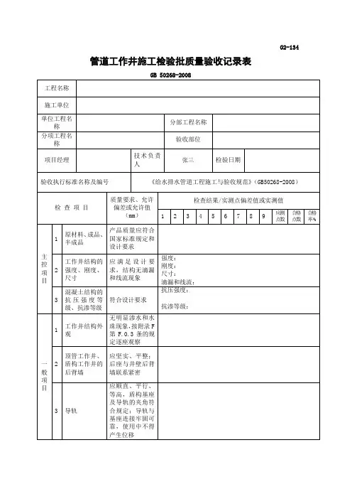 管道工作井施工检验批质量验收记录