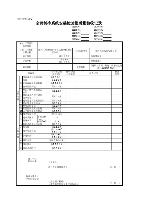 空调制冷系统安装检验批质量验收记录