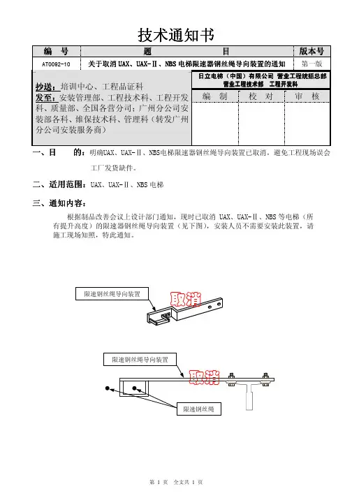关于取消uax、uax-ⅱ、nbs电梯限速器钢丝绳导向装置的通知(日立电梯资料)