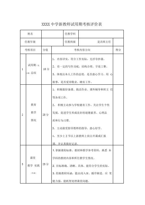 新教师试用期考核评价表