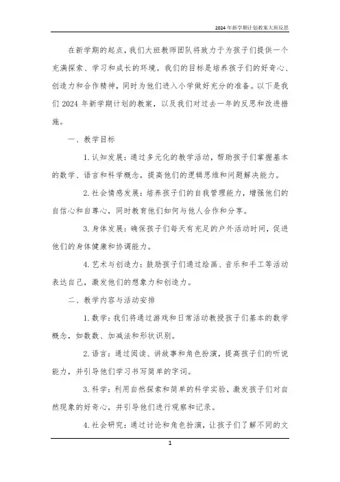 2024年新学期计划教案大班反思