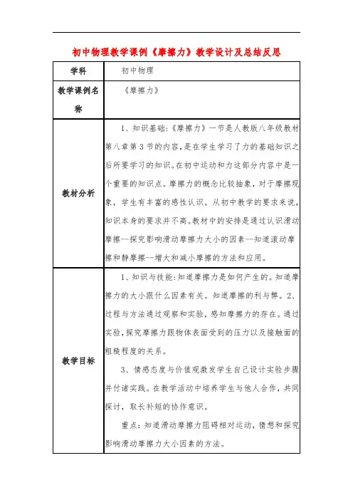 初中物理教学课例《摩擦力》课程思政核心素养教学设计及总结反思