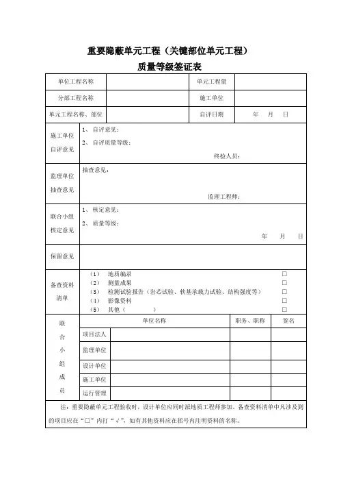 重要隐蔽单元工程(关键部位单元工程)质量等级签证表