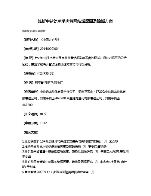 浅析中盐皓龙采卤管网结垢原因及除垢方案