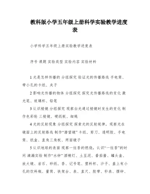 教科版小学五年级上册科学实验教学进度表