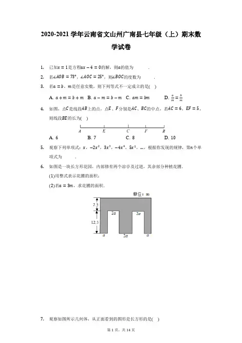 2020-2021学年云南省文山州广南县七年级(上)期末数学试卷(附详解)