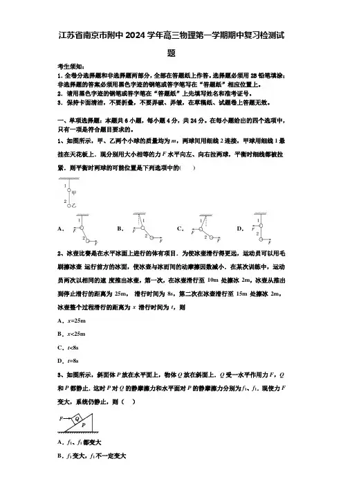 江苏省南京市附中2024学年高三物理第一学期期中复习检测试题含解析