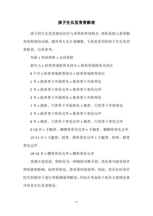 孩子生长发育骨龄表