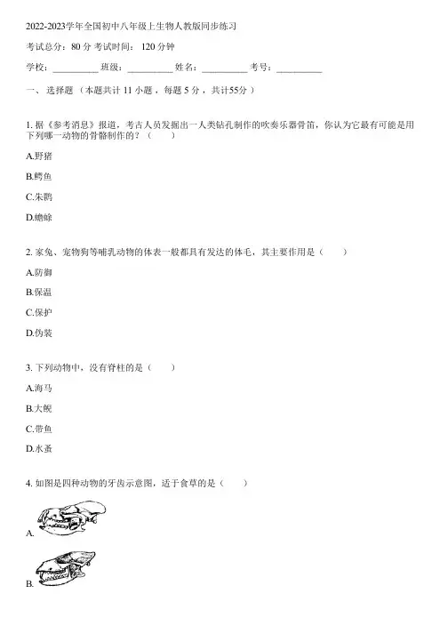 2022-2023学年全国初中八年级上生物人教版同步练习(含答案解析)102043