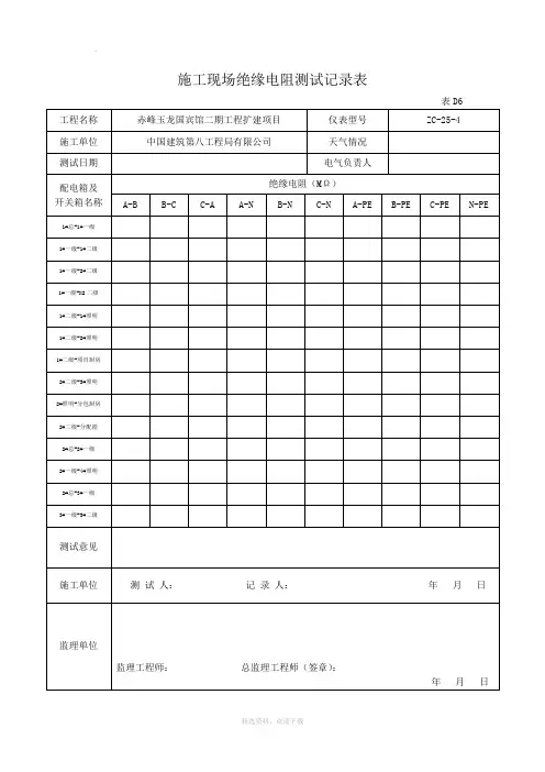 施工现场绝缘电阻测试记录表