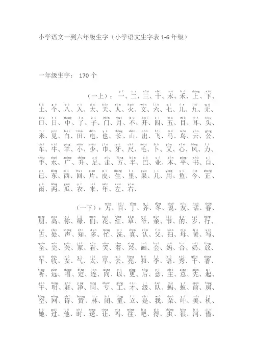 人教版语文一到六年级生字表