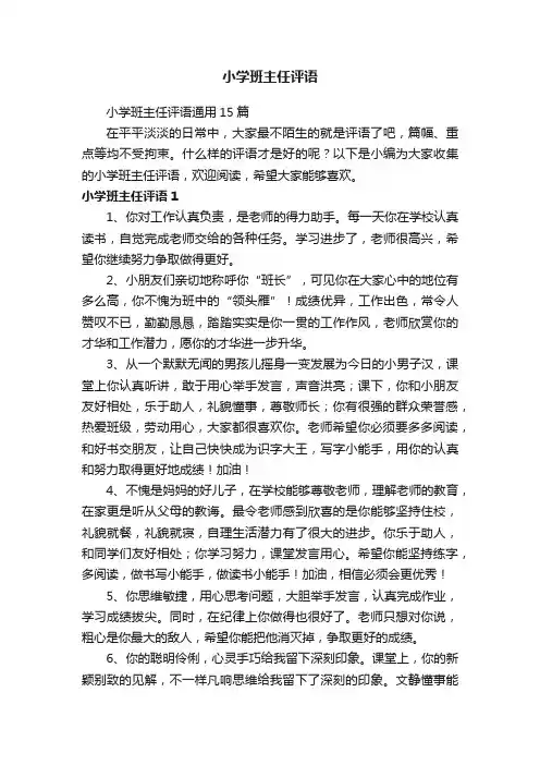 小学班主任评语通用15篇