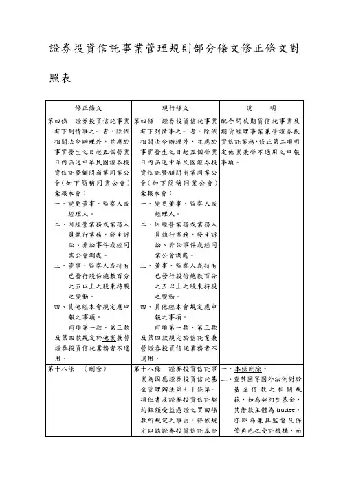 证券投资信托事业管理规则部分条文修正条文对照表精