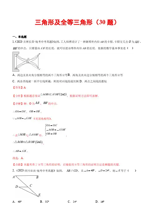 三角形及全等三角形(共30题)：2023年中考数学真题分项汇编(全国通用)(解析版)