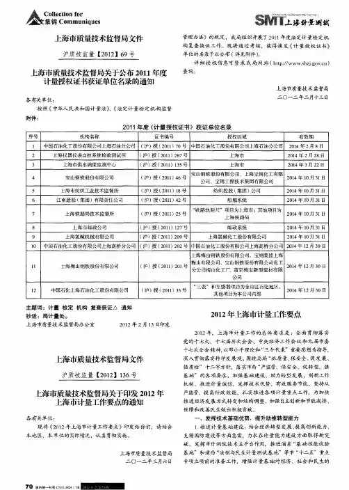 上海市质量技术监督局文件-沪质技监量[2012]136号-上海市质量技术监督局关于印发2012年上海市计量工