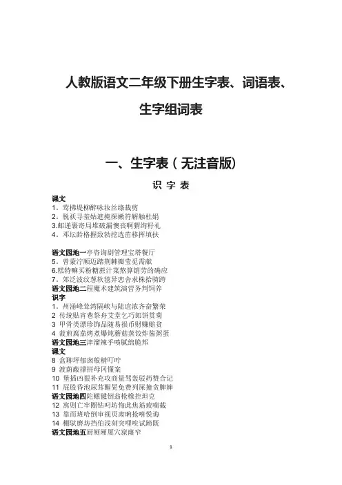 人教版语文二年级下册生字表、词语表、生字组词大全