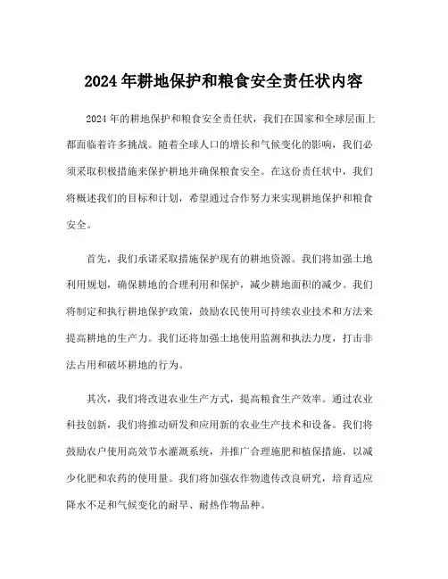 2024年耕地保护和粮食安全责任状内容