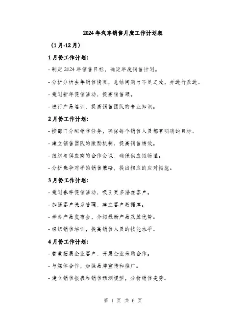 2024年汽车销售月度工作计划表（2篇）