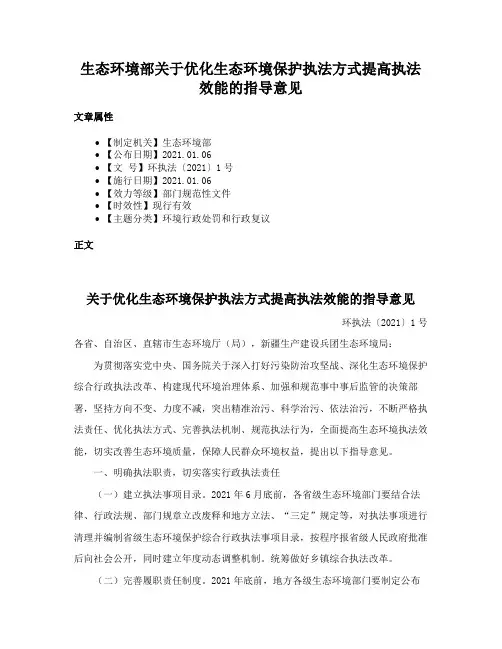 生态环境部关于优化生态环境保护执法方式提高执法效能的指导意见
