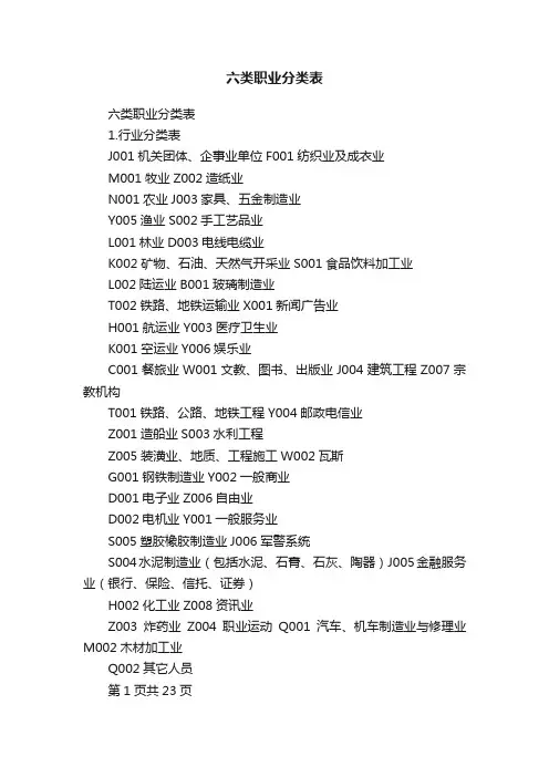 六类职业分类表