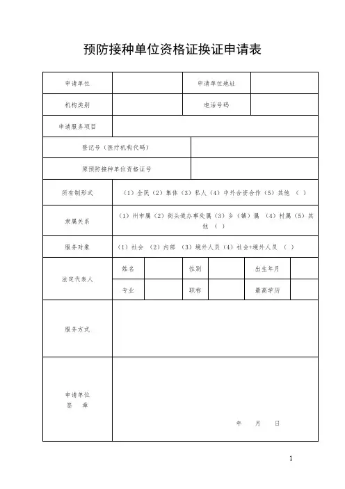 预防接种单位资格证换证申请表(模板)