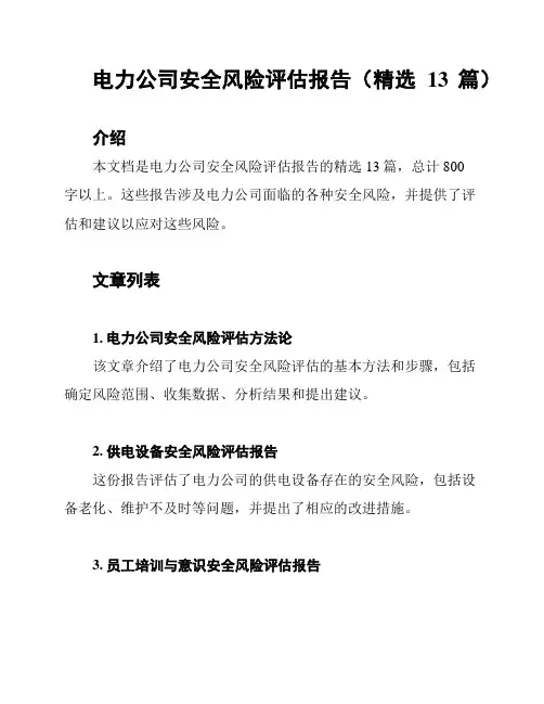 电力公司安全风险评估报告(精选13篇)