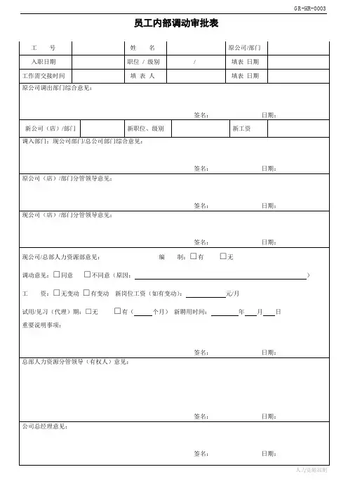 内部调动审批表