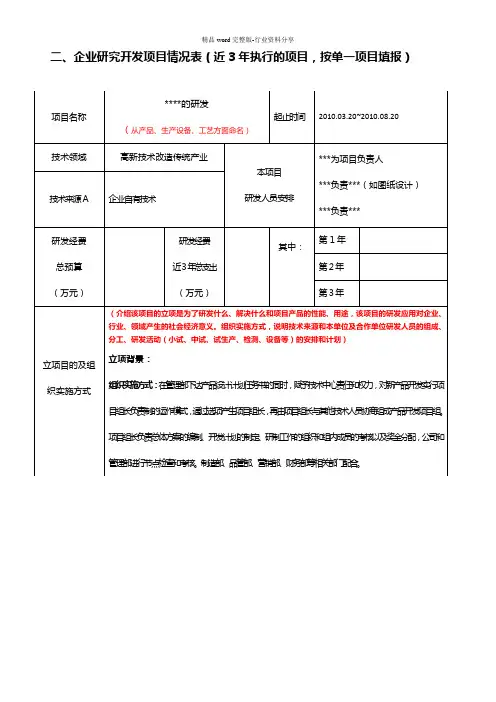 研发项目情况表(最新)