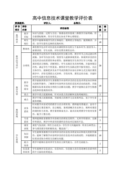 高中信息技术课堂教学评价表