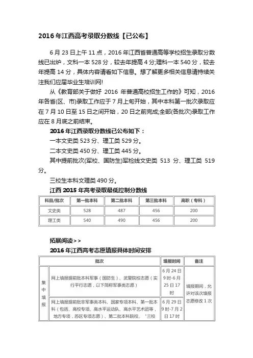 2016年江西高考录取分数线【已公布】
