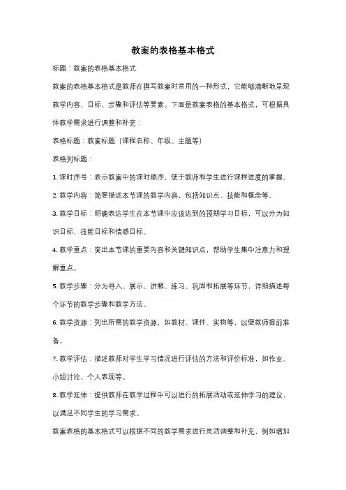 教案的表格基本格式