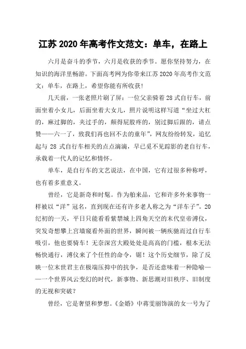 江苏2020年高考作文范文：单车,在路上
