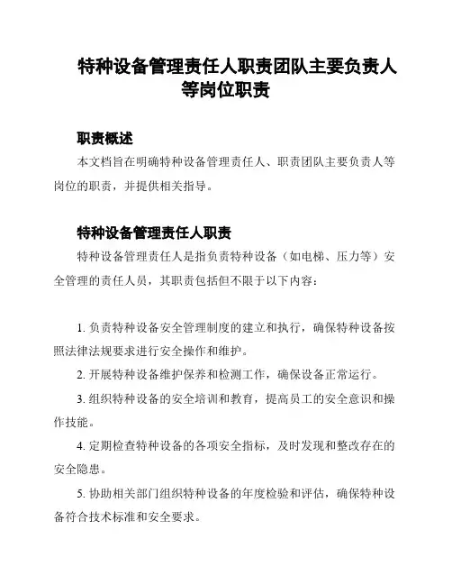 特种设备管理责任人职责团队主要负责人等岗位职责