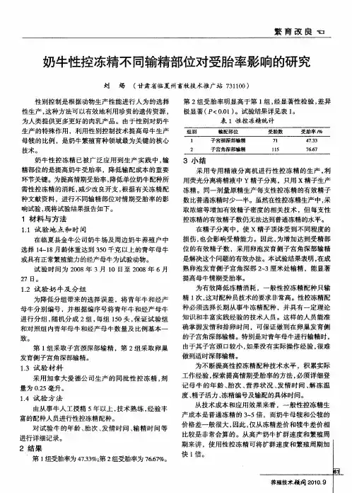 奶牛性控冻精不同输精部位对受胎率影响的研究