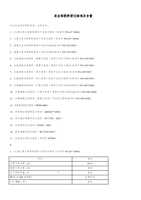 农业部肥料登记标准及含量指标
