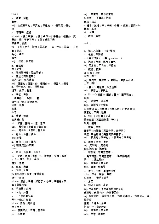 人教版高中英语必修一-选修8单词表中文