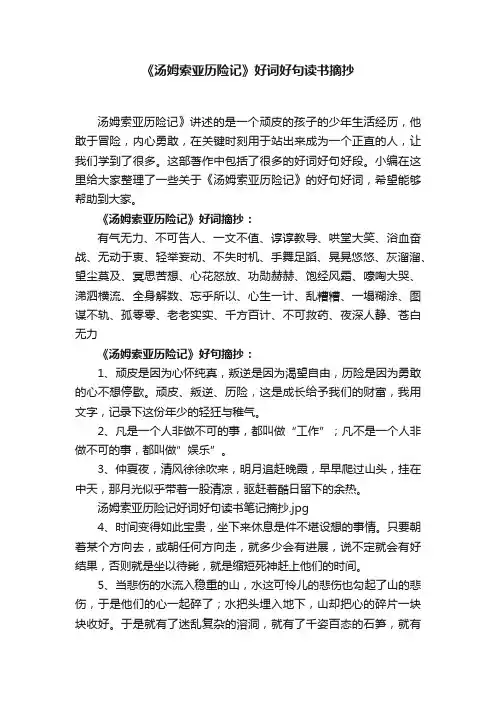 《汤姆索亚历险记》好词好句读书摘抄