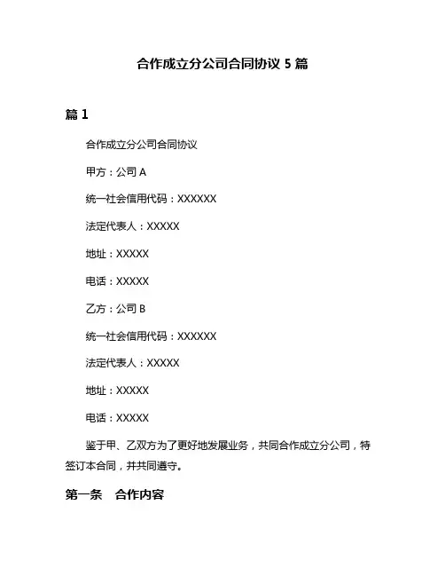 合作成立分公司合同协议5篇