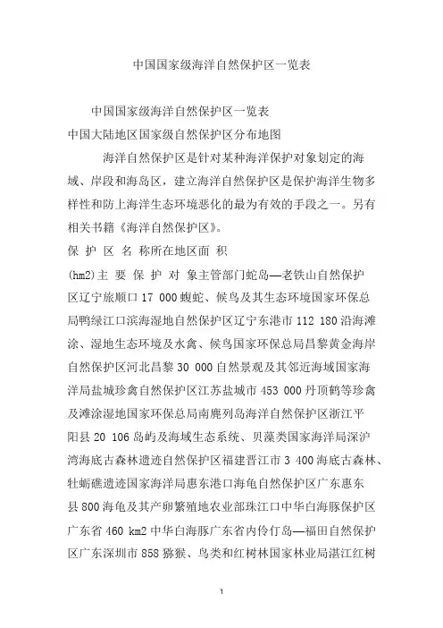 中国国家级海洋自然保护区一览表
