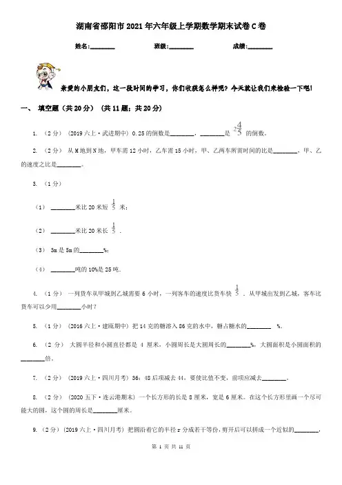 湖南省邵阳市2021年六年级上学期数学期末试卷C卷