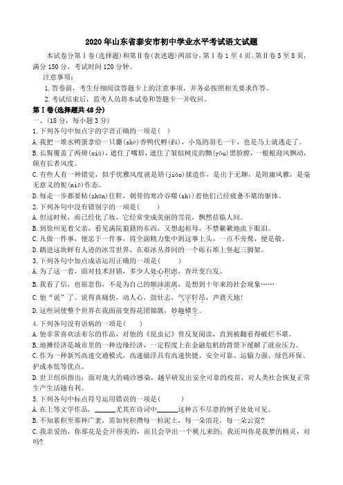 2020年山东省泰安市中考语文试题及答案