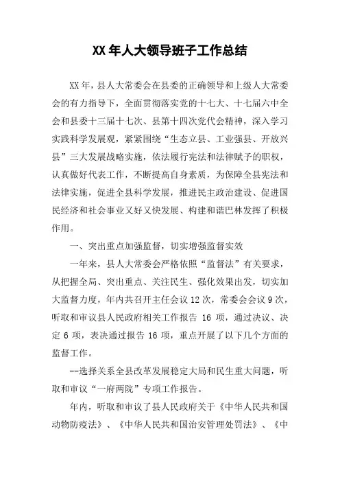 XX年人大领导班子工作总结