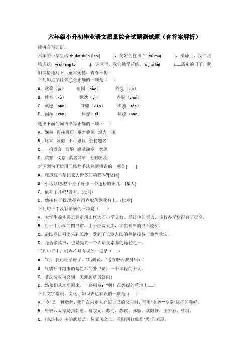 六年级小升初毕业语文质量综合试题测试题(含答案解析)