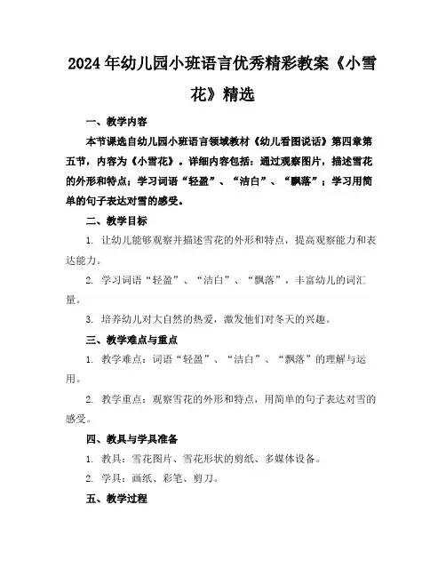 2024年幼儿园小班语言优秀精彩教案《小雪花》精选