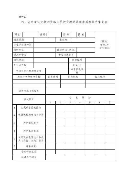 【政审表】四川省申请认定教师资格人员教育教学基本素质和能力审查表